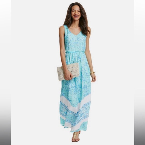 Vineyard Vines Dresses & Skirts - Vineyard Vines Palm Leaf Scarf Print Silk Maxi Dress Size 4 Turquoise Aqua Blue